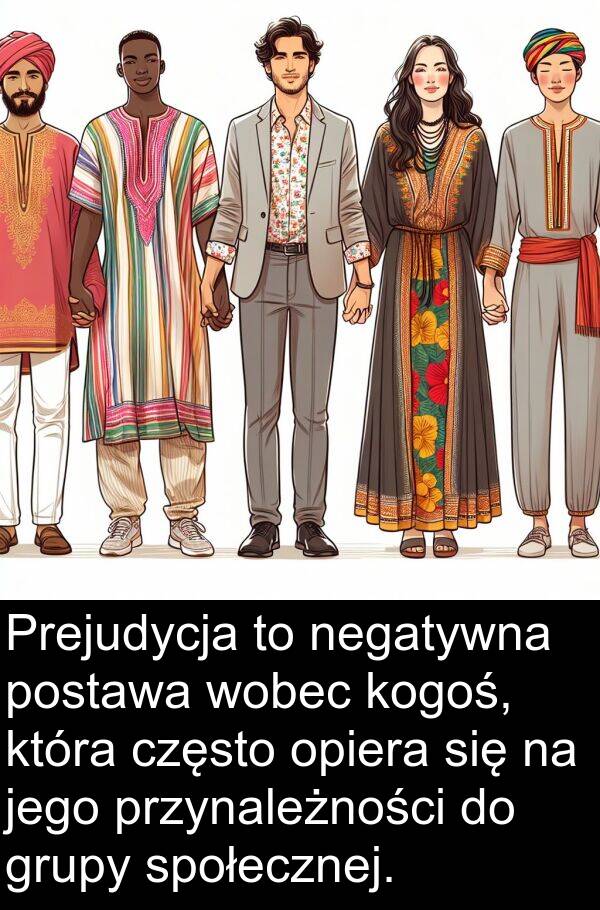 grupy: Prejudycja to negatywna postawa wobec kogoś, która często opiera się na jego przynależności do grupy społecznej.