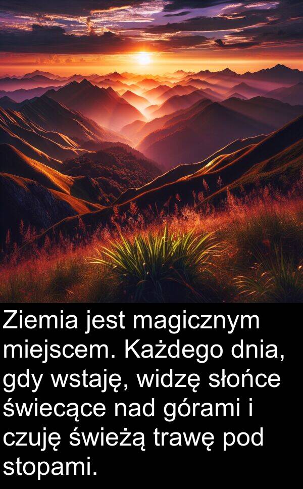 świecące: Ziemia jest magicznym miejscem. Każdego dnia, gdy wstaję, widzę słońce świecące nad górami i czuję świeżą trawę pod stopami.