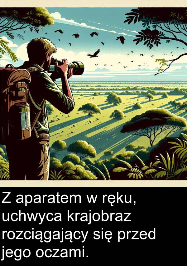 aparatem: Z aparatem w ręku, uchwyca krajobraz rozciągający się przed jego oczami.