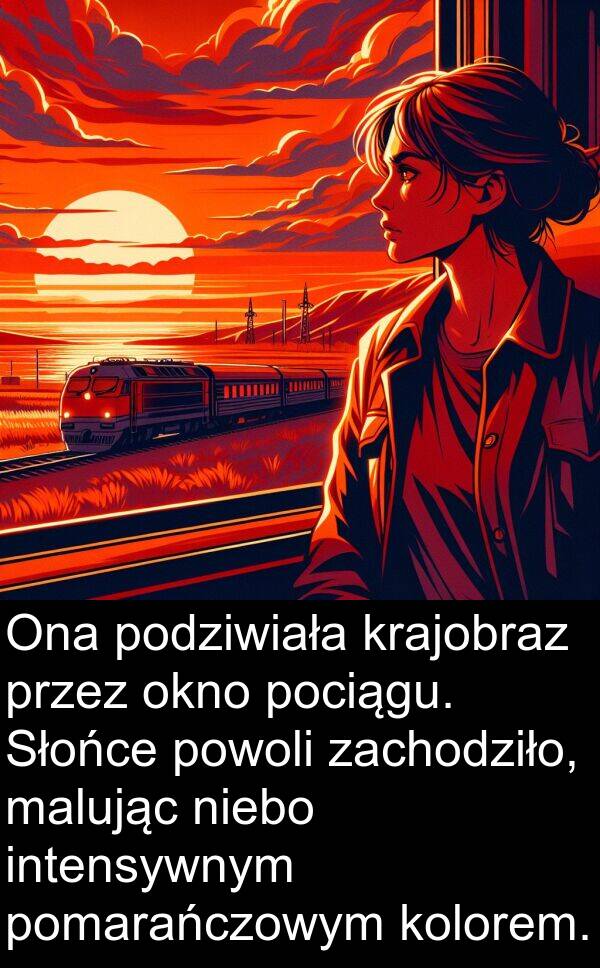 zachodziło: Ona podziwiała krajobraz przez okno pociągu. Słońce powoli zachodziło, malując niebo intensywnym pomarańczowym kolorem.