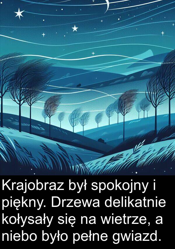 delikatnie: Krajobraz był spokojny i piękny. Drzewa delikatnie kołysały się na wietrze, a niebo było pełne gwiazd.