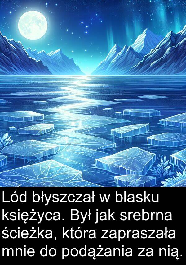 blasku: Lód błyszczał w blasku księżyca. Był jak srebrna ścieżka, która zapraszała mnie do podążania za nią.