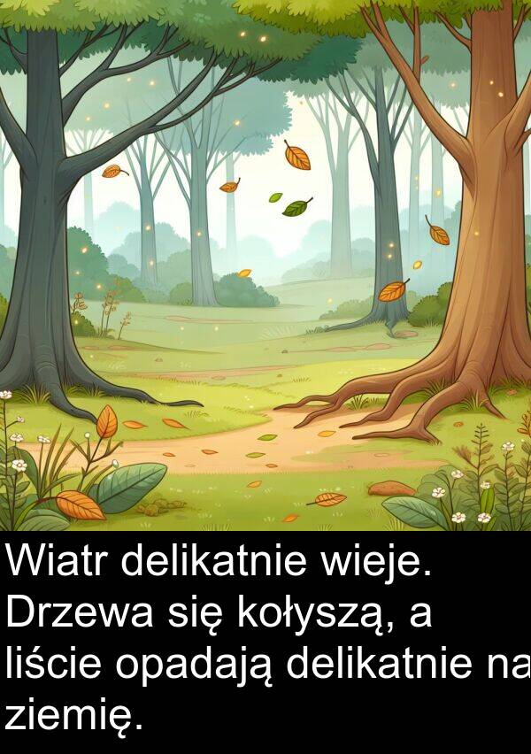 delikatnie: Wiatr delikatnie wieje. Drzewa się kołyszą, a liście opadają delikatnie na ziemię.