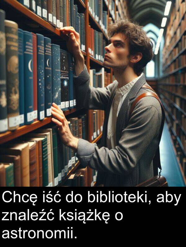 biblioteki: Chcę iść do biblioteki, aby znaleźć książkę o astronomii.