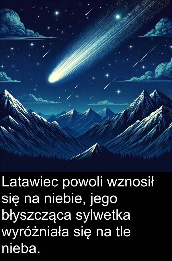 tle: Latawiec powoli wznosił się na niebie, jego błyszcząca sylwetka wyróżniała się na tle nieba.