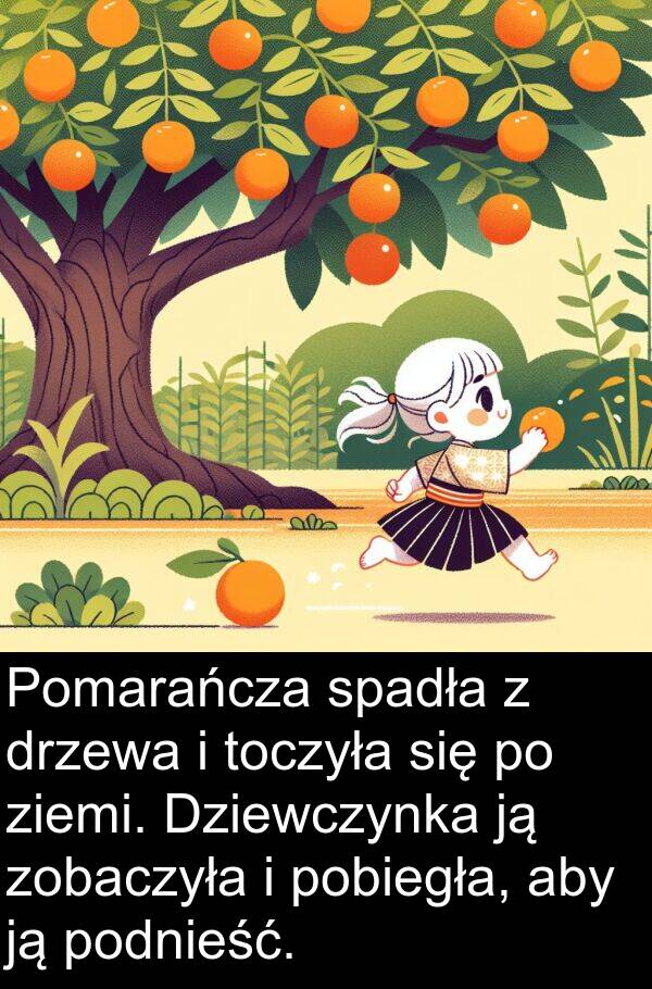 toczyła: Pomarańcza spadła z drzewa i toczyła się po ziemi. Dziewczynka ją zobaczyła i pobiegła, aby ją podnieść.