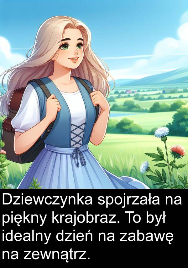 zabawę: Dziewczynka spojrzała na piękny krajobraz. To był idealny dzień na zabawę na zewnątrz.