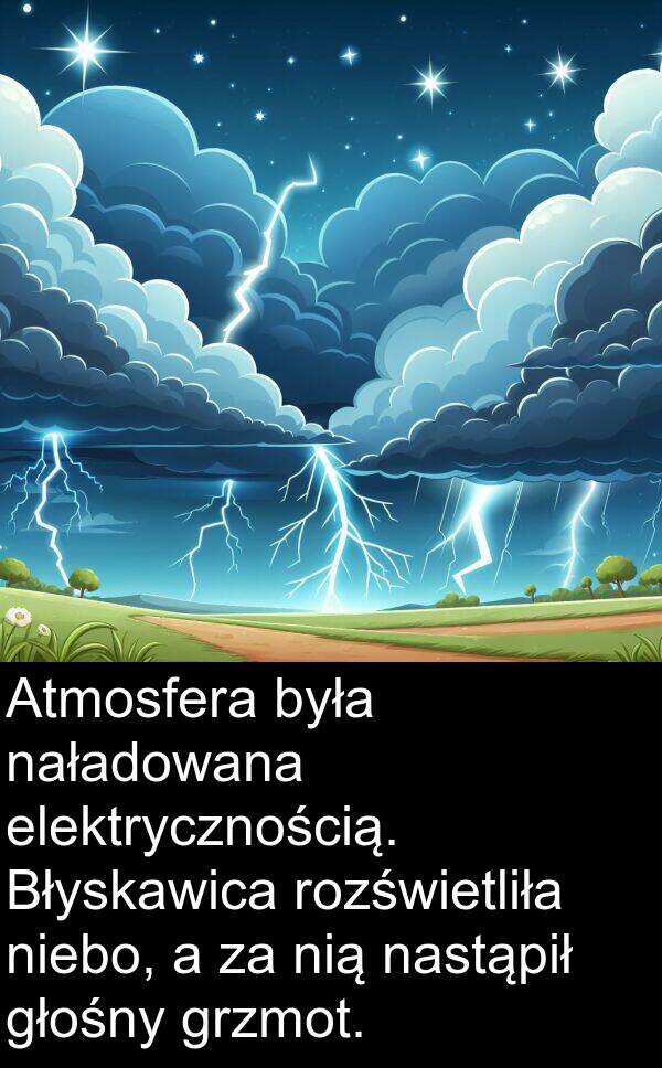 elektrycznością: Atmosfera była naładowana elektrycznością. Błyskawica rozświetliła niebo, a za nią nastąpił głośny grzmot.