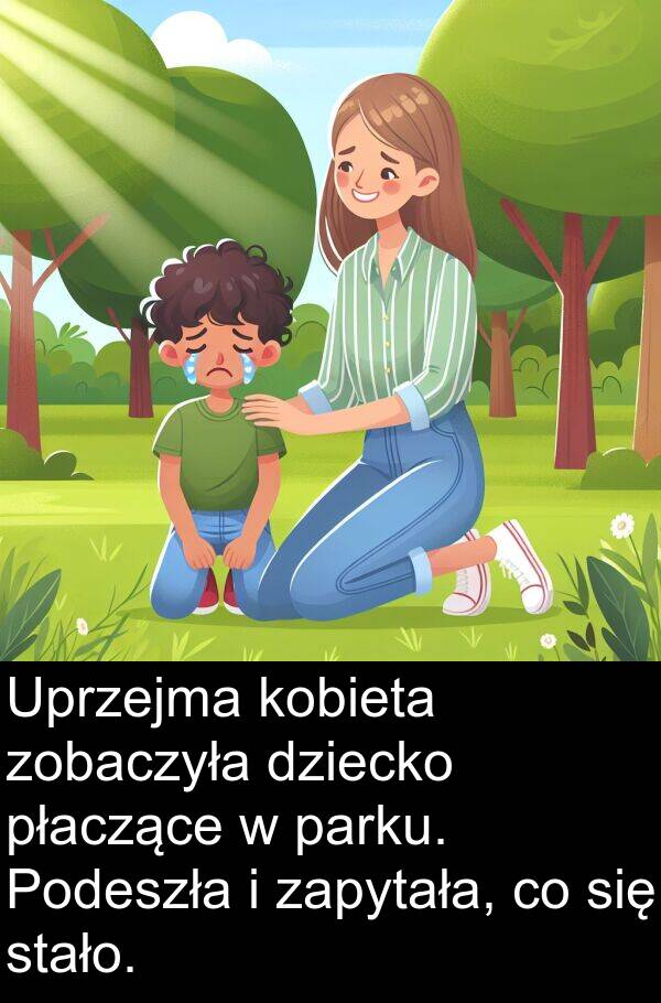 dziecko: Uprzejma kobieta zobaczyła dziecko płaczące w parku. Podeszła i zapytała, co się stało.