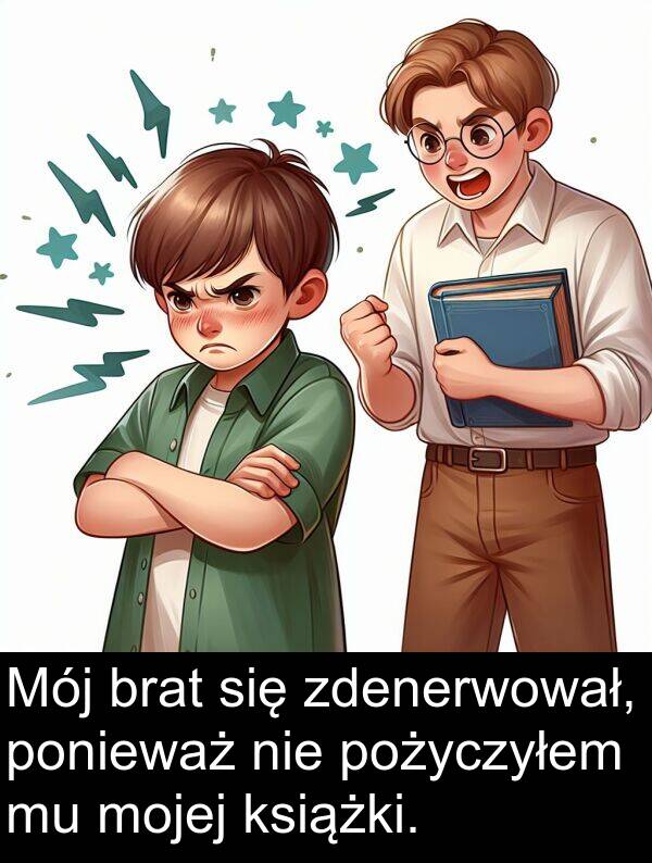 książki: Mój brat się zdenerwował, ponieważ nie pożyczyłem mu mojej książki.