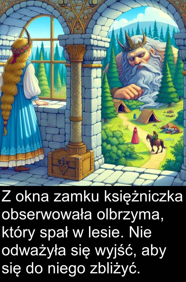 lesie: Z okna zamku księżniczka obserwowała olbrzyma, który spał w lesie. Nie odważyła się wyjść, aby się do niego zbliżyć.