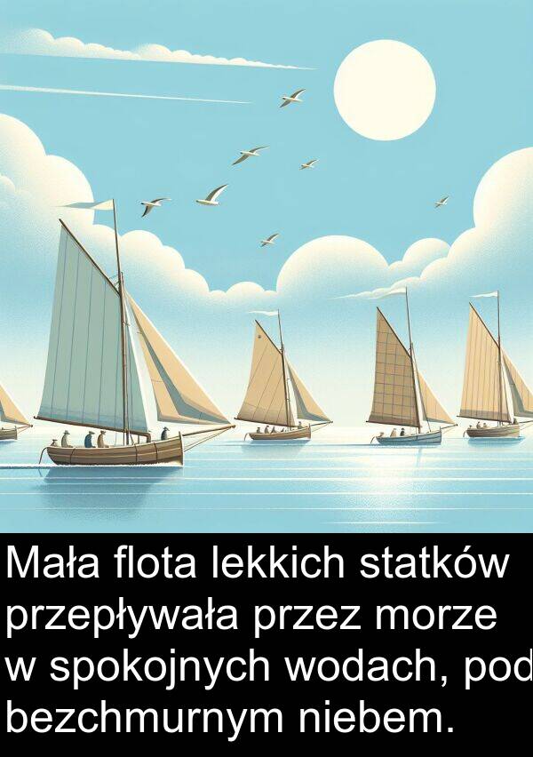 flota: Mała flota lekkich statków przepływała przez morze w spokojnych wodach, pod bezchmurnym niebem.