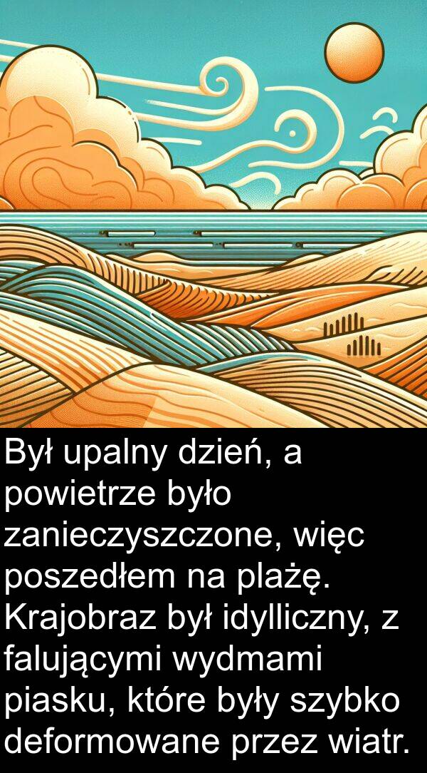 dzień: Był upalny dzień, a powietrze było zanieczyszczone, więc poszedłem na plażę. Krajobraz był idylliczny, z falującymi wydmami piasku, które były szybko deformowane przez wiatr.