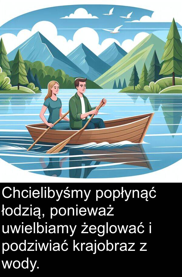 krajobraz: Chcielibyśmy popłynąć łodzią, ponieważ uwielbiamy żeglować i podziwiać krajobraz z wody.