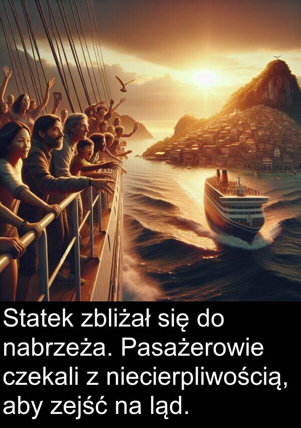 czekali: Statek zbliżał się do nabrzeża. Pasażerowie czekali z niecierpliwością, aby zejść na ląd.