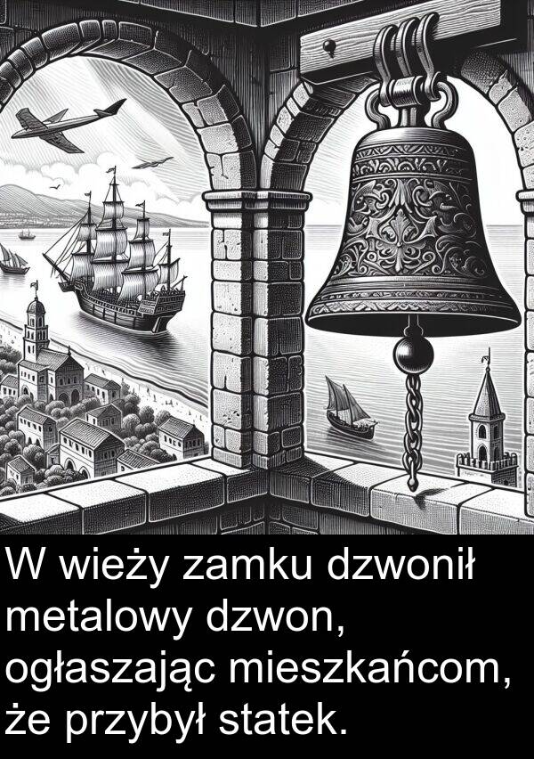 metalowy: W wieży zamku dzwonił metalowy dzwon, ogłaszając mieszkańcom, że przybył statek.