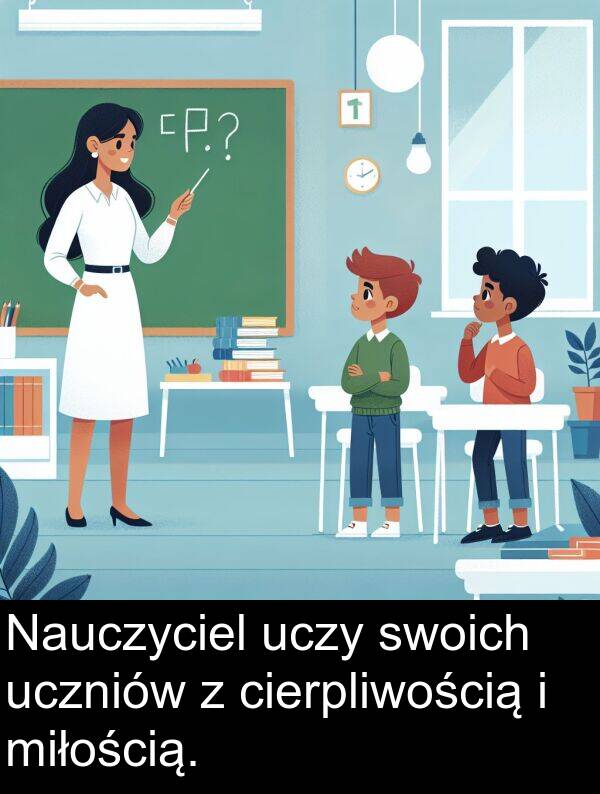 uczy: Nauczyciel uczy swoich uczniów z cierpliwością i miłością.