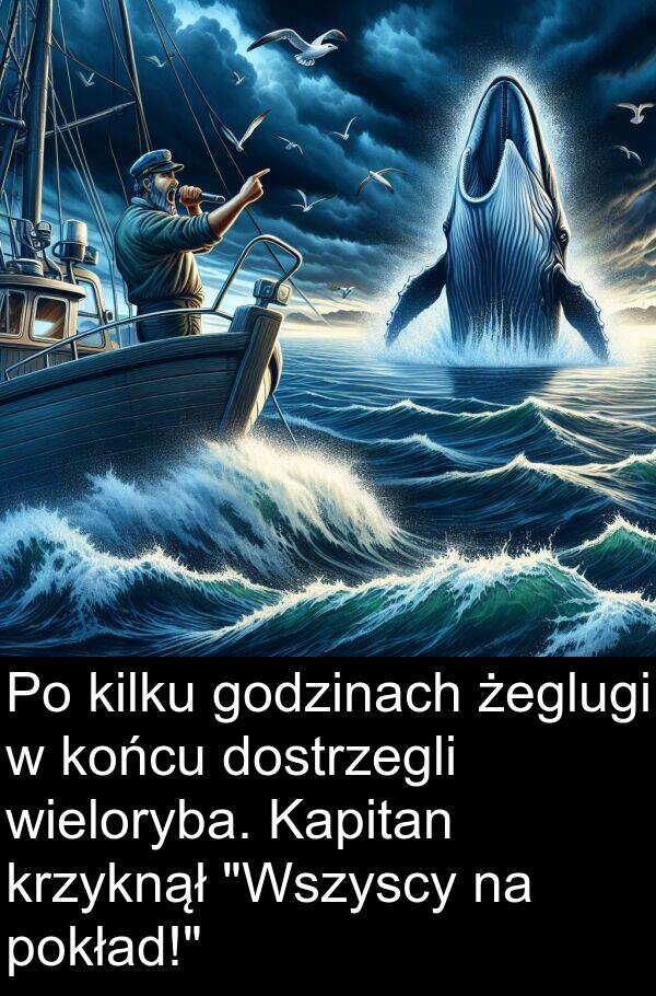 kilku: Po kilku godzinach żeglugi w końcu dostrzegli wieloryba. Kapitan krzyknął "Wszyscy na pokład!"