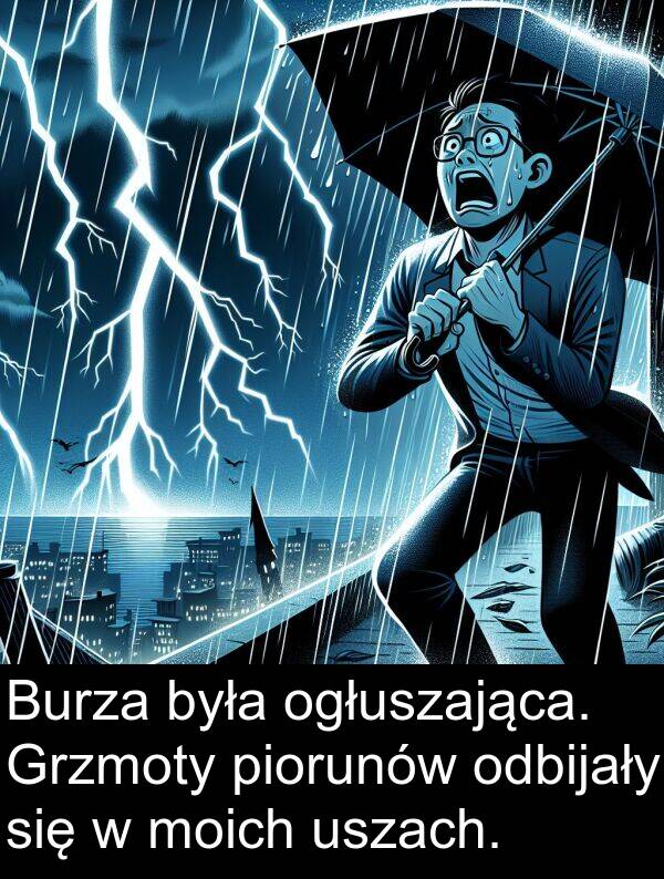 odbijały: Burza była ogłuszająca. Grzmoty piorunów odbijały się w moich uszach.