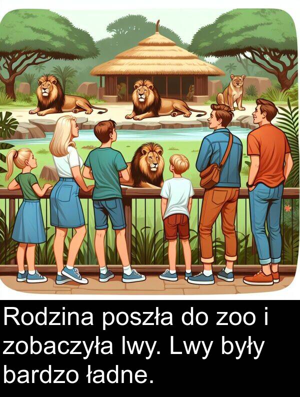 poszła: Rodzina poszła do zoo i zobaczyła lwy. Lwy były bardzo ładne.