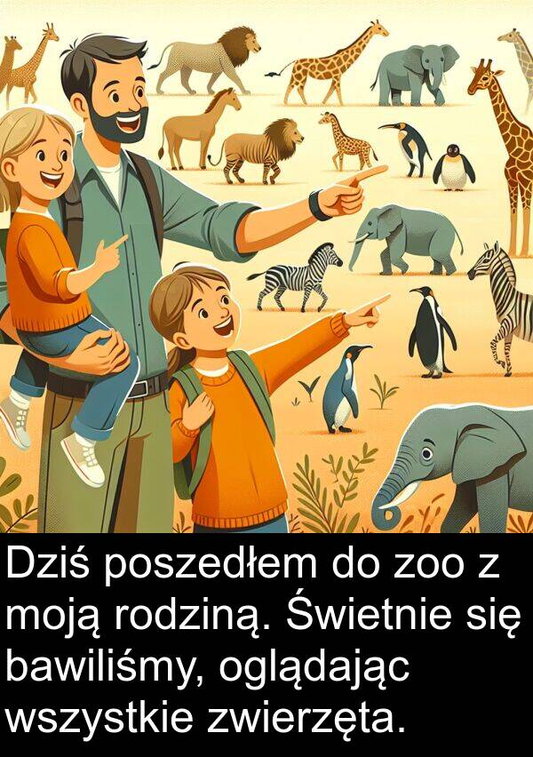 zwierzęta: Dziś poszedłem do zoo z moją rodziną. Świetnie się bawiliśmy, oglądając wszystkie zwierzęta.