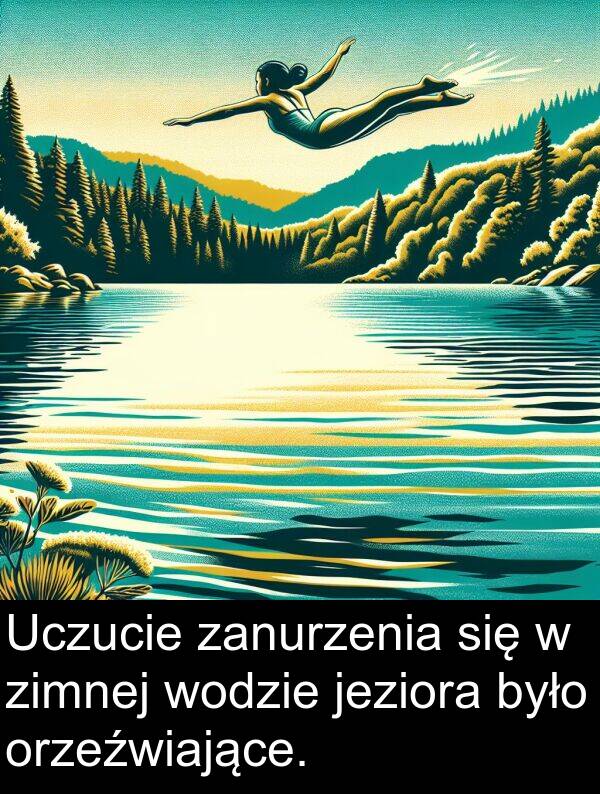 jeziora: Uczucie zanurzenia się w zimnej wodzie jeziora było orzeźwiające.