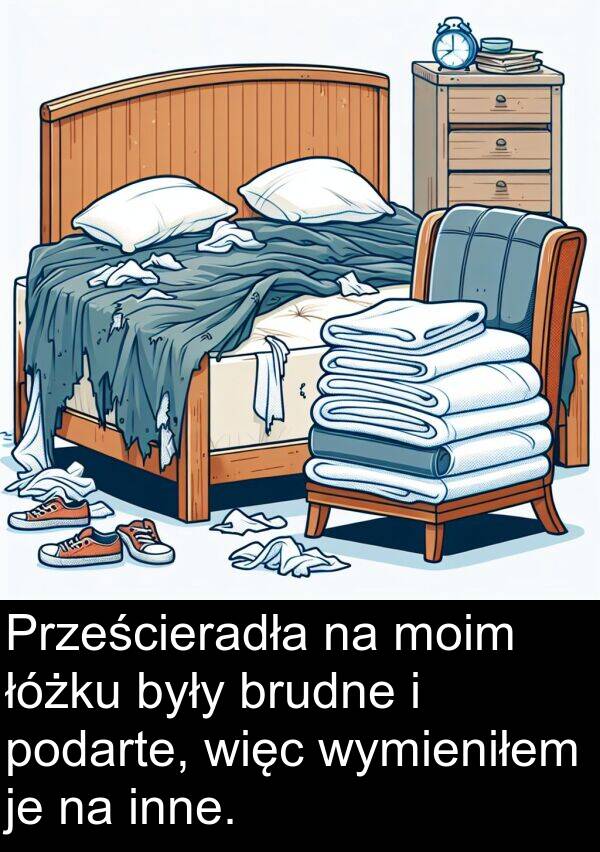 inne: Prześcieradła na moim łóżku były brudne i podarte, więc wymieniłem je na inne.