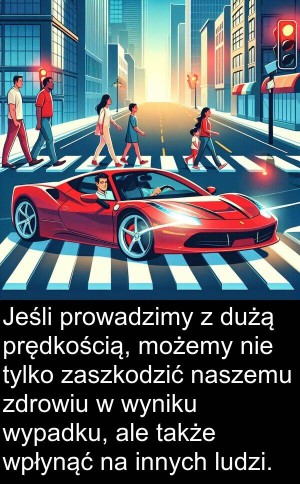 wpłynąć: Jeśli prowadzimy z dużą prędkością, możemy nie tylko zaszkodzić naszemu zdrowiu w wyniku wypadku, ale także wpłynąć na innych ludzi.