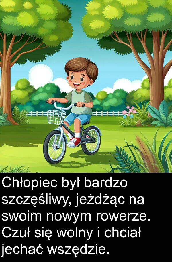 jechać: Chłopiec był bardzo szczęśliwy, jeżdżąc na swoim nowym rowerze. Czuł się wolny i chciał jechać wszędzie.