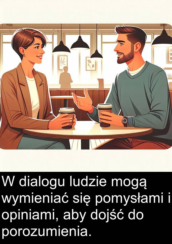 dojść: W dialogu ludzie mogą wymieniać się pomysłami i opiniami, aby dojść do porozumienia.