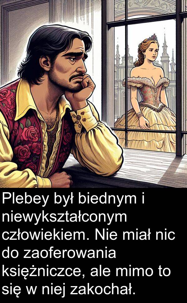 biednym: Plebey był biednym i niewykształconym człowiekiem. Nie miał nic do zaoferowania księżniczce, ale mimo to się w niej zakochał.