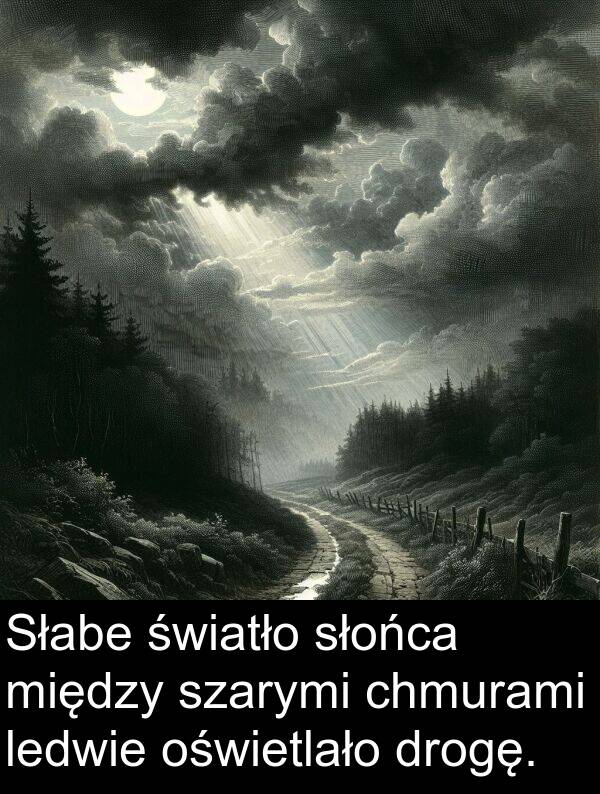 ledwie: Słabe światło słońca między szarymi chmurami ledwie oświetlało drogę.