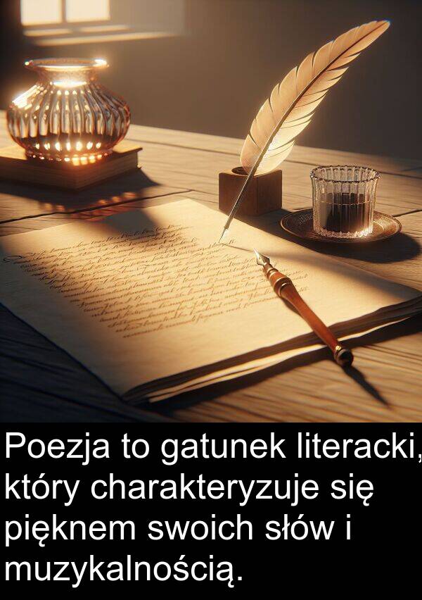 literacki: Poezja to gatunek literacki, który charakteryzuje się pięknem swoich słów i muzykalnością.