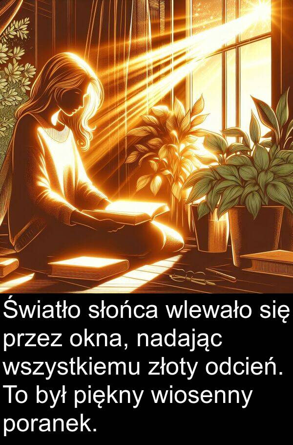 nadając: Światło słońca wlewało się przez okna, nadając wszystkiemu złoty odcień. To był piękny wiosenny poranek.