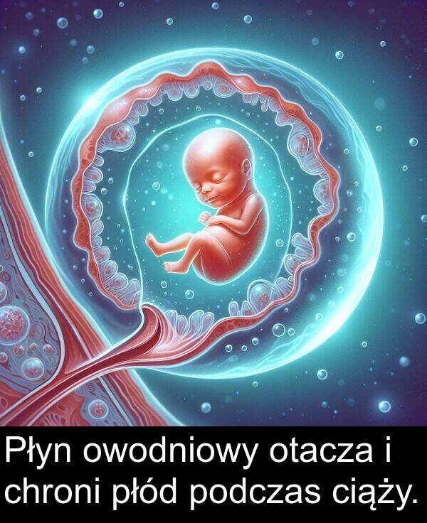 chroni: Płyn owodniowy otacza i chroni płód podczas ciąży.