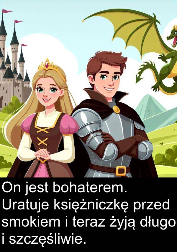 długo: On jest bohaterem. Uratuje księżniczkę przed smokiem i teraz żyją długo i szczęśliwie.