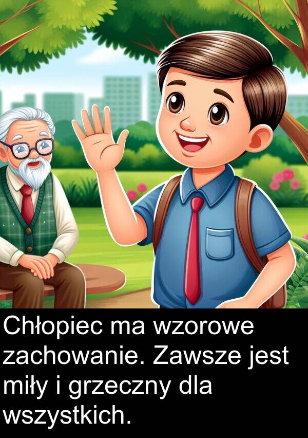 zachowanie: Chłopiec ma wzorowe zachowanie. Zawsze jest miły i grzeczny dla wszystkich.