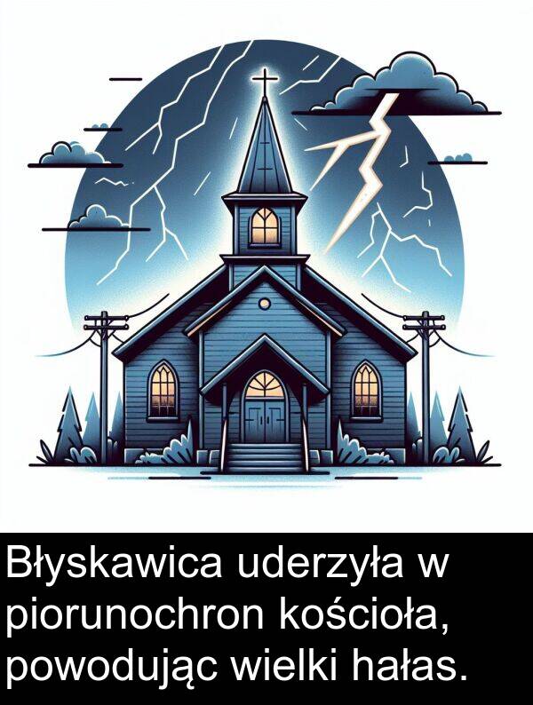 uderzyła: Błyskawica uderzyła w piorunochron kościoła, powodując wielki hałas.