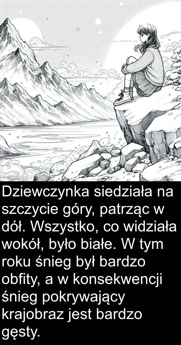 białe: Dziewczynka siedziała na szczycie góry, patrząc w dół. Wszystko, co widziała wokół, było białe. W tym roku śnieg był bardzo obfity, a w konsekwencji śnieg pokrywający krajobraz jest bardzo gęsty.