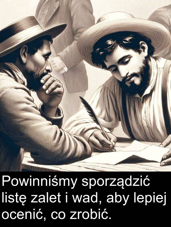 lepiej: Powinniśmy sporządzić listę zalet i wad, aby lepiej ocenić, co zrobić.