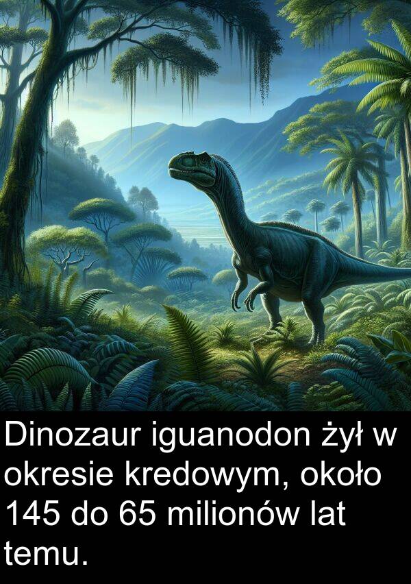 lat: Dinozaur iguanodon żył w okresie kredowym, około 145 do 65 milionów lat temu.