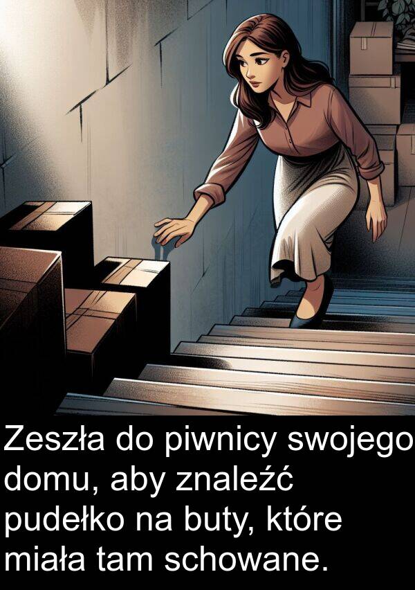 tam: Zeszła do piwnicy swojego domu, aby znaleźć pudełko na buty, które miała tam schowane.