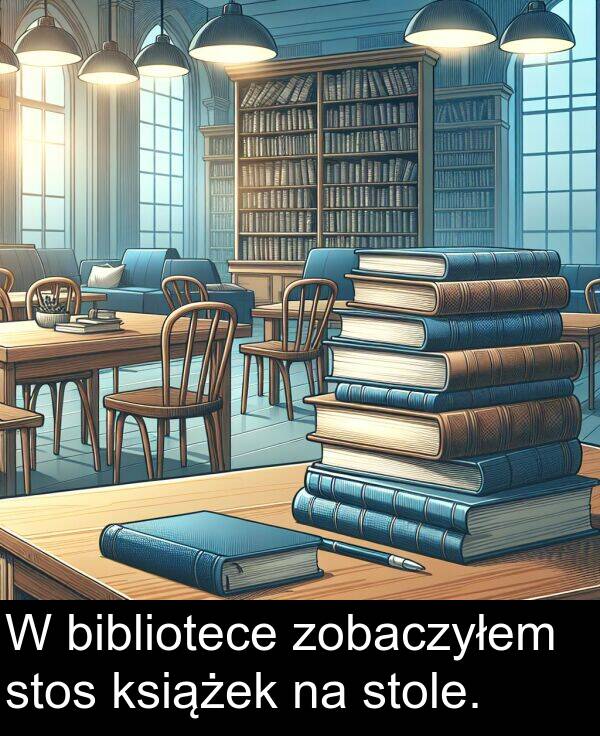 książek: W bibliotece zobaczyłem stos książek na stole.