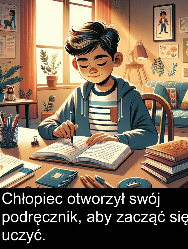 uczyć: Chłopiec otworzył swój podręcznik, aby zacząć się uczyć.