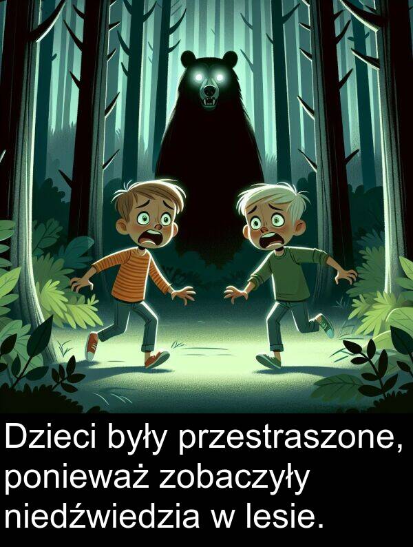 lesie: Dzieci były przestraszone, ponieważ zobaczyły niedźwiedzia w lesie.