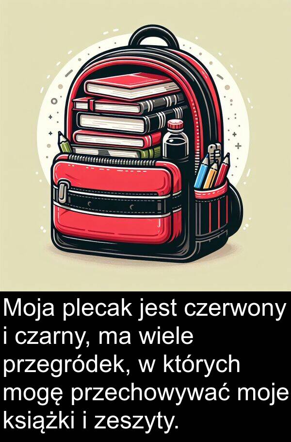 czarny: Moja plecak jest czerwony i czarny, ma wiele przegródek, w których mogę przechowywać moje książki i zeszyty.