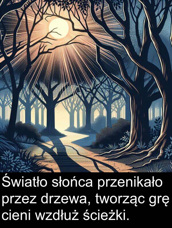 ścieżki: Światło słońca przenikało przez drzewa, tworząc grę cieni wzdłuż ścieżki.