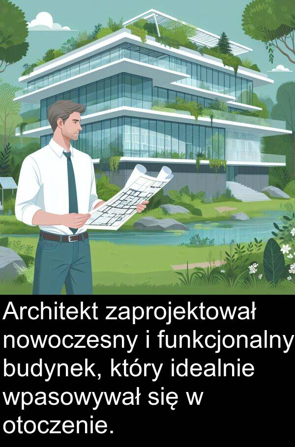 idealnie: Architekt zaprojektował nowoczesny i funkcjonalny budynek, który idealnie wpasowywał się w otoczenie.