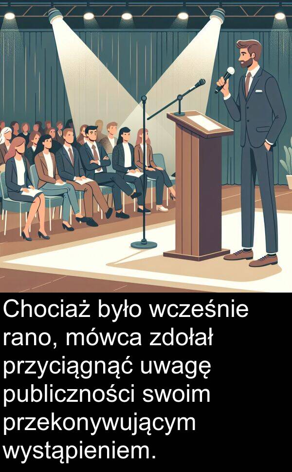 uwagę: Chociaż było wcześnie rano, mówca zdołał przyciągnąć uwagę publiczności swoim przekonywującym wystąpieniem.