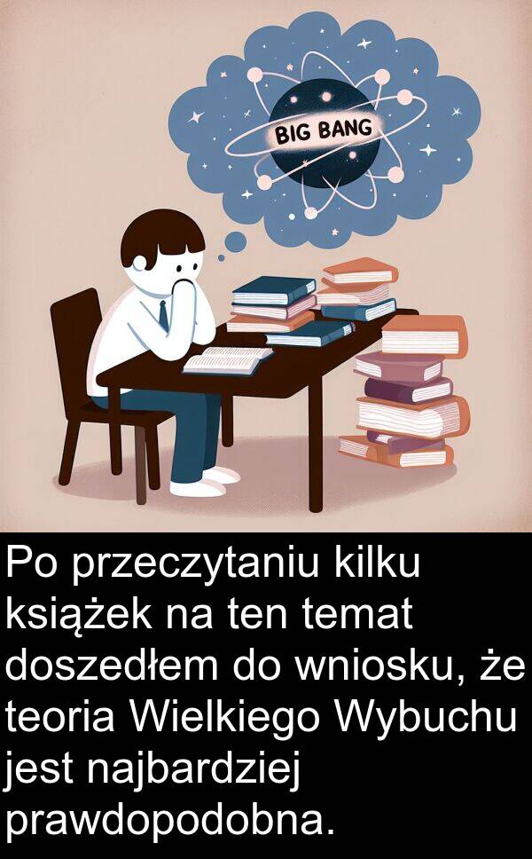 ten: Po przeczytaniu kilku książek na ten temat doszedłem do wniosku, że teoria Wielkiego Wybuchu jest najbardziej prawdopodobna.